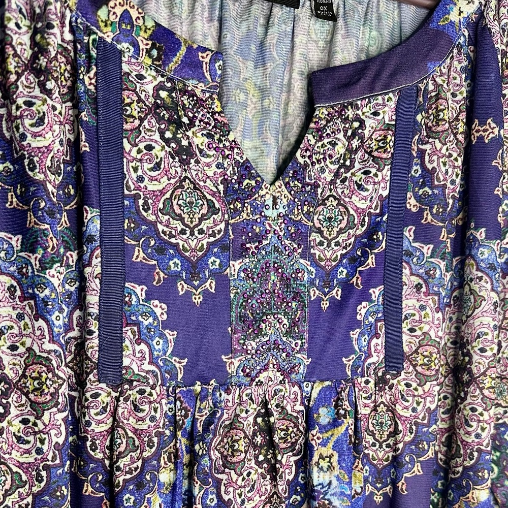 Apt 9 Boho Beaded Print Blouse Women’s 0X – Blue Purple Paisley Top - Picture 4 of 6